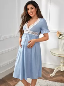 SHEIN 孕婦對比花邊波浪袖睡裙，適用於孕婦 - 淺藍色 - 查看 5