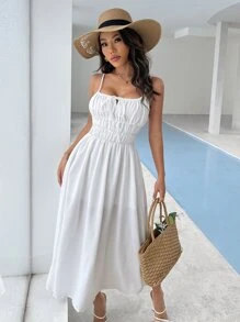 Knot Front Shirred Cami Dress - White - View 1