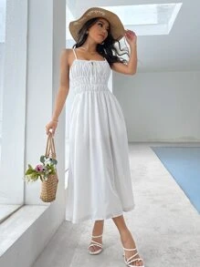 Knot Front Shirred Cami Dress - White - View 3