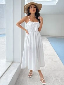 Knot Front Shirred Cami Dress - White - View 4