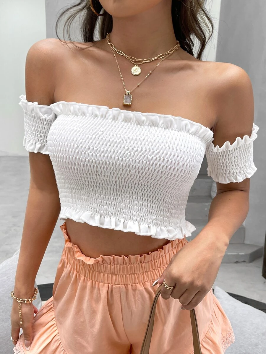 Soleia 上身打攬褶邊一字肩短款上衣 - 白色 - 查看 1