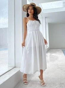 Knot Front Shirred Cami Dress - White - View 5