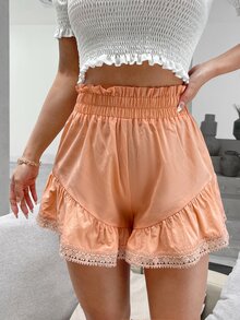 SHEIN VCAY Shorts de cintura con volante con encaje bajo con fruncido - Naranja Coral - Ver 3