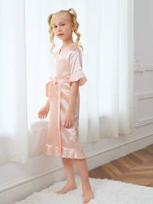 小女童自繫帶緞面睡袍 - 淺粉色 - 查看 1