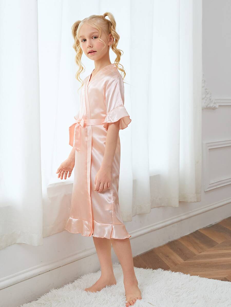 小女童自繫帶緞面睡袍 - 淺粉色 - 查看 1