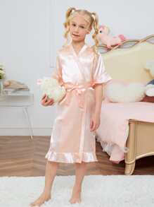 小女童自繫帶緞面睡袍 - 淺粉色 - 查看 3