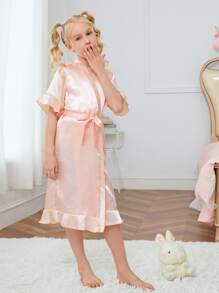 小女童自繫帶緞面睡袍 - 淺粉色 - 查看 4