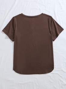 SHEIN LUNE Plus Solid V-neck Split Side Tee - Coffee Brown - View 2
