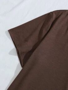 SHEIN LUNE Plus Solid V-neck Split Side Tee - Coffee Brown - View 4