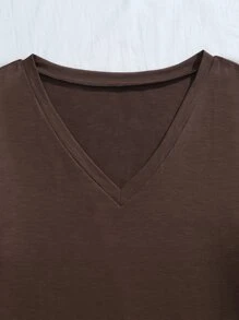 SHEIN LUNE Plus Solid V-neck Split Side Tee - Coffee Brown - View 5