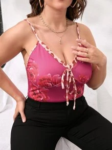 SHEIN Clasi Top de tirantes con estampado floral con cordón delantero - Rosa Fucsia - Ver 1