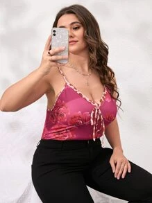 SHEIN Clasi Top de tirantes con estampado floral con cordón delantero - Rosa Fucsia - Ver 5