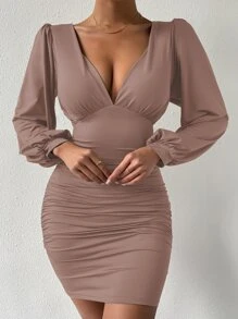 SHEIN SXY Deep V Neck Lantern Sleeve Ruched Bodycon Dress - Dusty Purple - View 1