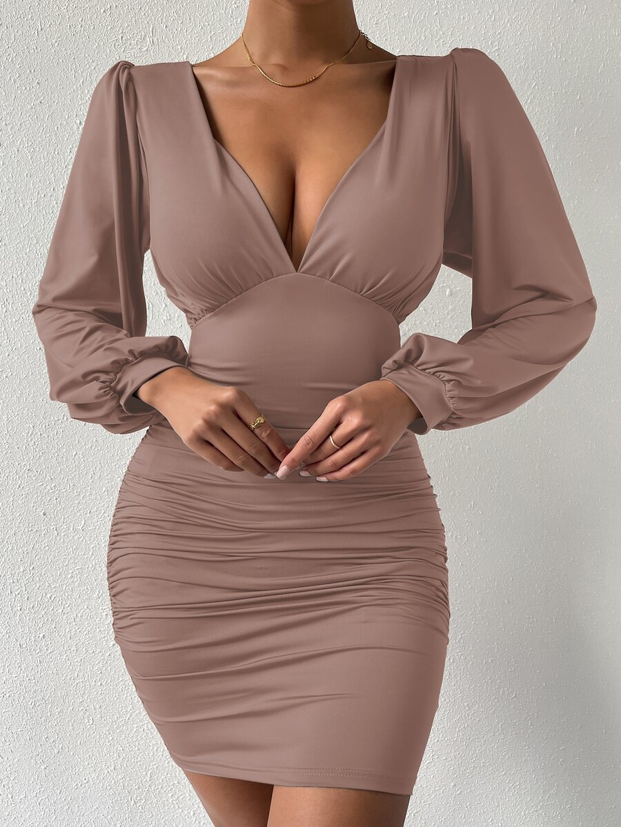 SHEIN SXY Deep V Neck Lantern Sleeve Ruched Bodycon Dress - Dusty Purple - View 1