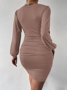 SHEIN SXY Deep V Neck Lantern Sleeve Ruched Bodycon Dress - Dusty Purple - View 2