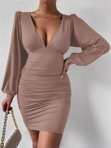 SHEIN SXY Deep V Neck Lantern Sleeve Ruched Bodycon Dress - Dusty Purple - View 4