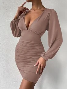 SHEIN SXY Deep V Neck Lantern Sleeve Ruched Bodycon Dress - Dusty Purple - View 5