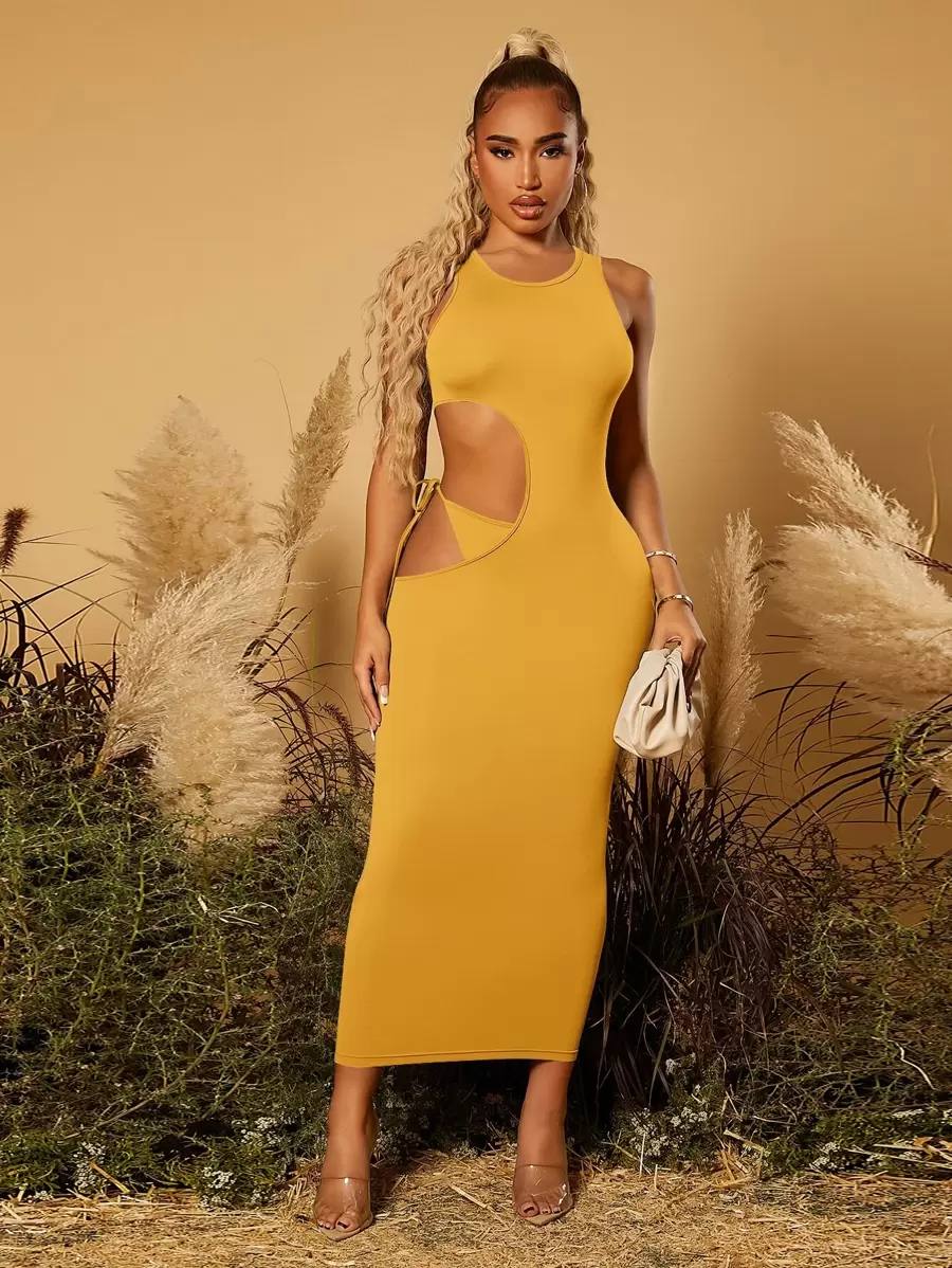 SHEIN SXY 素色鏤空緊身連衣裙 - 芥末黃 - 查看 1