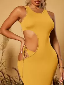 SHEIN SXY 素色鏤空緊身連衣裙 - 芥末黃 - 查看 3