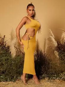 SHEIN SXY 素色鏤空緊身連衣裙 - 芥末黃 - 查看 5