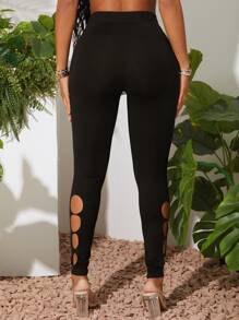 SHEIN SXY Solid Cut Out Side Leggings - Black - View 2