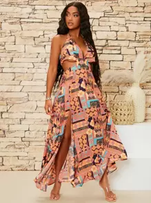 SHEIN SXY Patchwork Print Cut Out Tie Backless Split Thigh Halter Dress - Multicolor - View 1