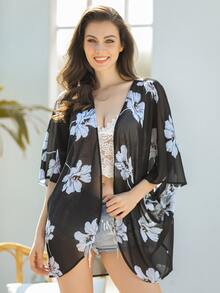 AAmilife Floral Print Sheer Kimono