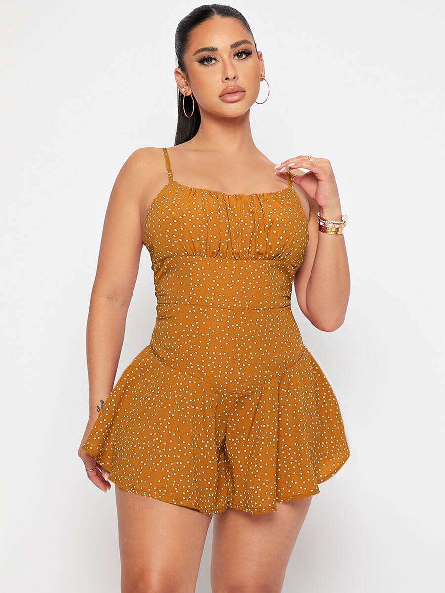 SHEIN Mono de lunares pecho con fruncido - Mostaza Amarilla - Ver 1