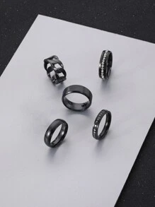 Anillos de detalle de diamantes de imitación de moda y populares de 5 piezas para hombres, joyería de acero inoxidable Goth Punk Jewelry para regalo de joyería y para una apariencia elegante - Negro - Ver 1