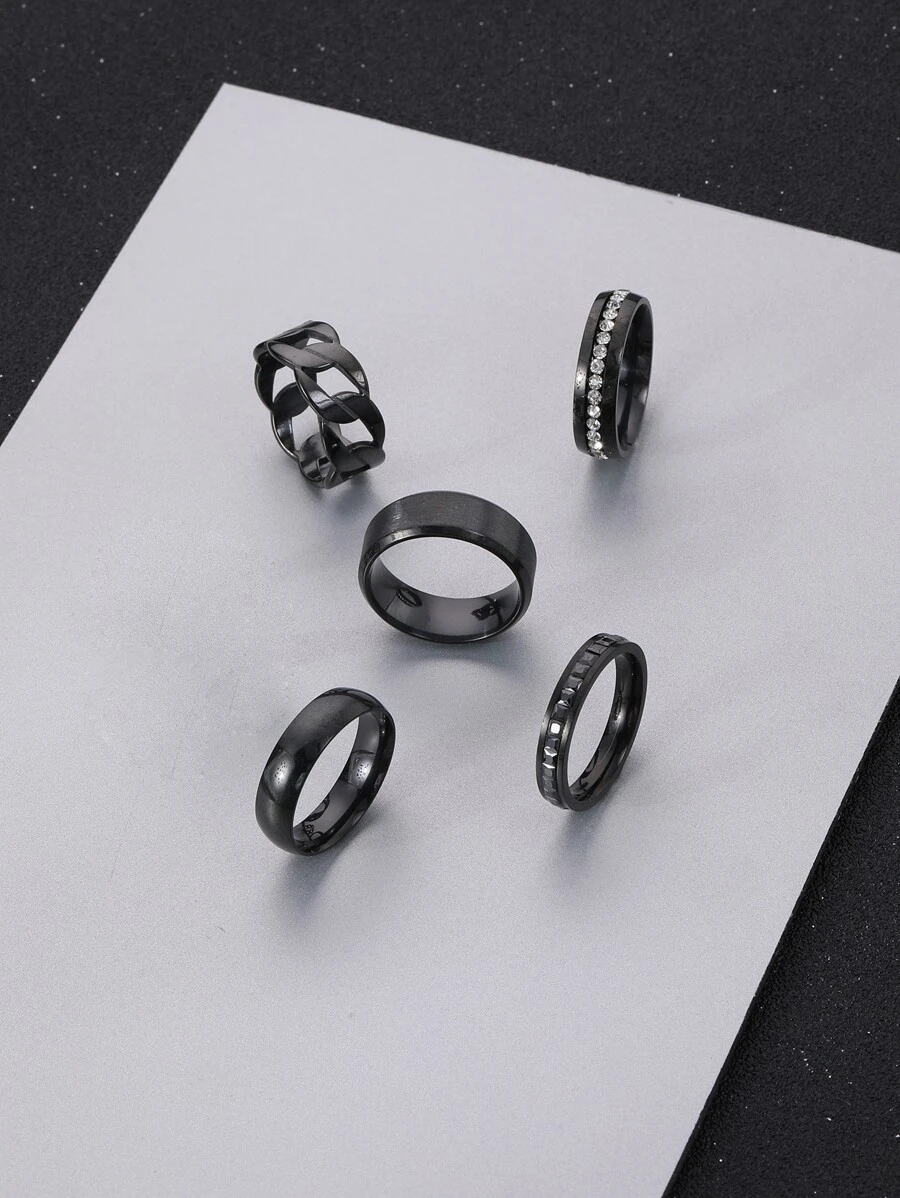 Anillos de detalle de diamantes de imitación de moda y populares de 5 piezas para hombres, joyería de acero inoxidable Goth Punk Jewelry para regalo de joyería y para una apariencia elegante - Negro - Ver 1