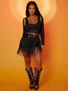 SHEIN SXY 流蘇下擺覆蓋短褲不附腰帶 - 黑色 - 查看 4