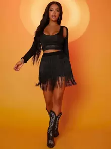 SHEIN SXY 流蘇下擺覆蓋短褲不附腰帶 - 黑色 - 查看 2