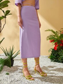 SHEIN Unity Solid Knot Slit Back Skirt - Lilac Purple - View 4