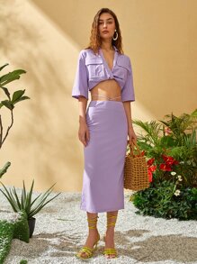 SHEIN Unity Solid Knot Slit Back Skirt - Lilac Purple - View 5