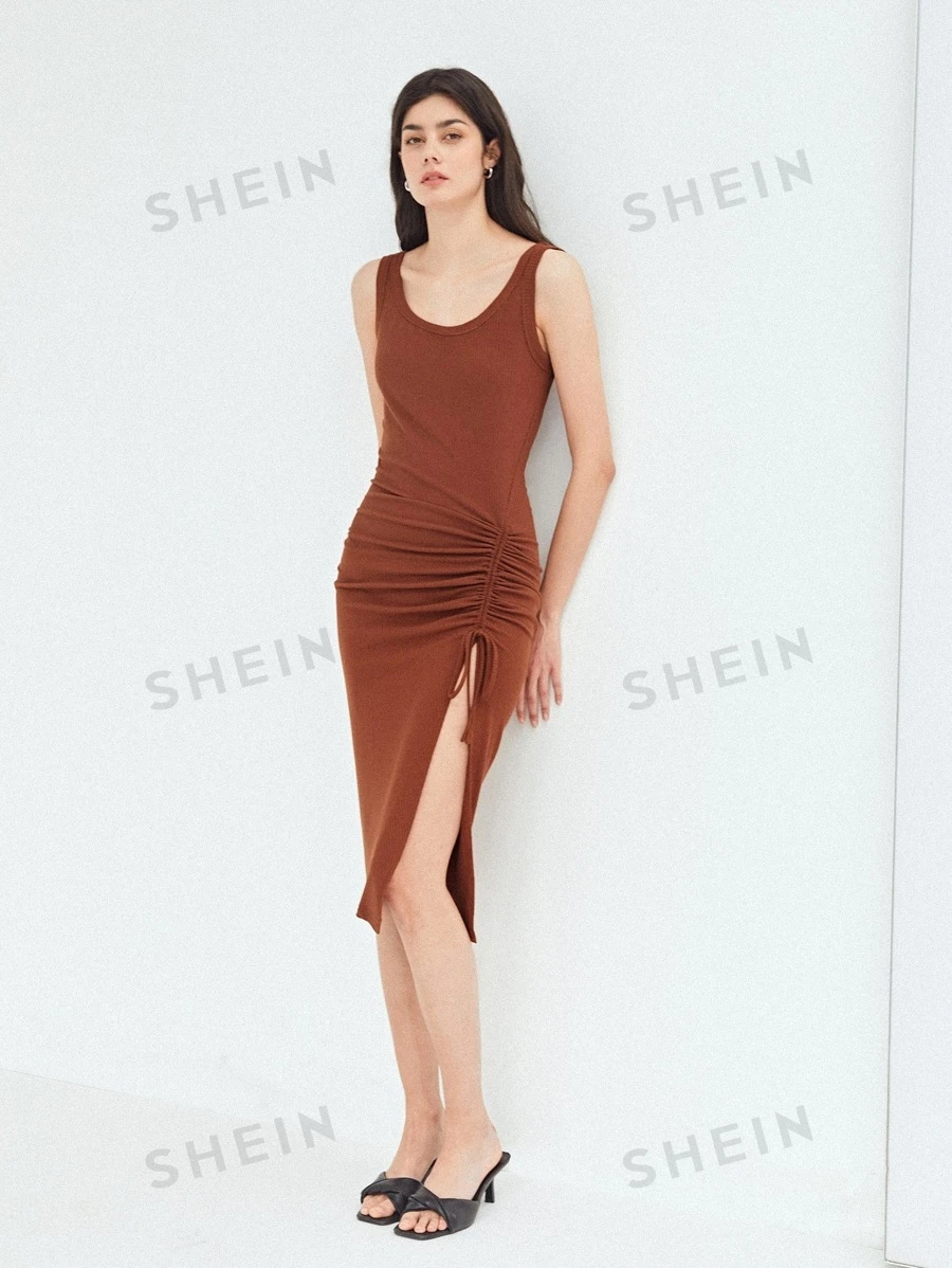 SHEIN Vestido poliéster reciclado fruncido - Óxido marrón - Ver 1