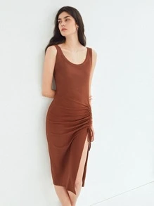 SHEIN 再生滌褶皺連衣裙 - 鏽棕色 - 查看 4