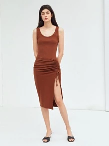 SHEIN 再生滌褶皺連衣裙 - 鏽棕色 - 查看 7