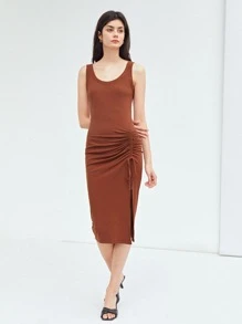 SHEIN 再生滌褶皺連衣裙 - 鏽棕色 - 查看 8
