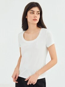 SHEIN Áo thun nữ màu trơn Cơ bản - trắng - Xem 3