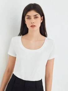 SHEIN Áo thun nữ màu trơn Cơ bản - trắng - Xem 5