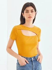 SHEIN 再生滌鏤空T恤 - 黃色 - 查看 1