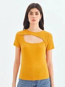 SHEIN 再生滌鏤空T恤 - 黃色 - 查看 3