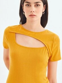 SHEIN 再生滌鏤空T恤 - 黃色 - 查看 4