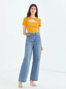 SHEIN 再生滌鏤空T恤 - 黃色 - 查看 5