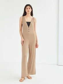 SHEIN Unity Culottes Ribbed Jumpsuit - Khaki - View 1