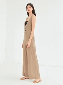 SHEIN Unity Culottes Ribbed Jumpsuit - Khaki - View 4