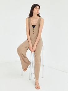 SHEIN Unity Culottes Ribbed Jumpsuit - Khaki - View 7