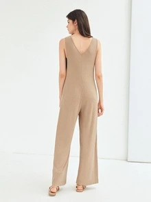 SHEIN Unity Culottes Ribbed Jumpsuit - Khaki - View 8