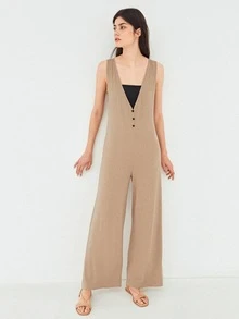 SHEIN Unity Culottes Ribbed Jumpsuit - Khaki - View 9