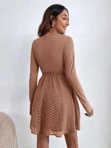 Chevron Jacquard Belted Dress - Brown - View 2